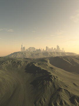 Science fiction illustration of a future city on a desolate mountain top, 3d digitally rendered illustration