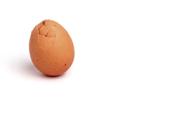 Broken egg isolated on white background. Brown shell. Copy space.