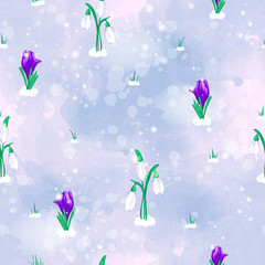 Fototapeta na wymiar Seamless vector pattern with spring flowers white snowdrops and violet crocuses on a delicate watercolor background.