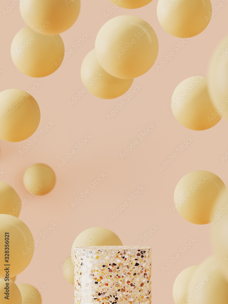 Poster abstract background for branding and minimal presentation.terrazzo podium on yellow spheres backgrou