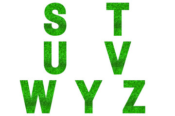 Green font Alphabet s, t, u, v, w, y, z made of green sparkle background. Festive alphabet.