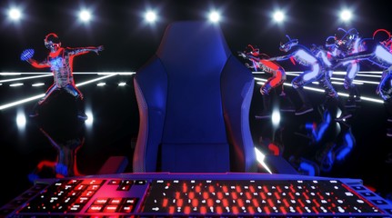 Abstract technology banner for E-Sport competition. Virtual VR Digital rugby football player for futuristic, cyberpunk sports concept. 3d rendering illustration. © 3DJustincase