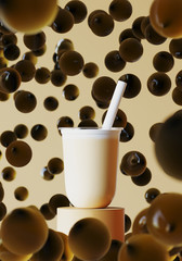 Minimal Beverage background for coffee tea smoothie drink presentation. Milk tea on brown podium and bubble tea scene. Cafe poster templates mock up illustration. 3d render illustration.