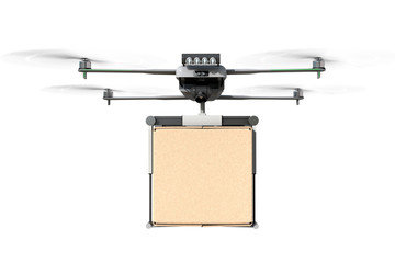 The drone is flying with a box. Front view. Isolated on white. Photorealistic 3d rendering
