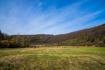 Fototapeta na wymiar Germany, Beautiful untouched nature landscape of swabian alb with blue sky in spring