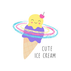 Cute ice cream cone. Sweet character is smiling. Print for t-shirts, cards. Vector illustration isolated on a white background.