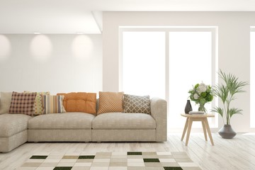 Modern living room in white color with sofa. Scandinavian interior design. 3D illustration