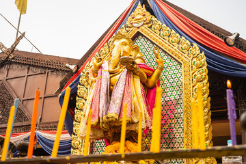 Statues of Ganesha enshrined in the shrine In which many people come to worship At the Huai Khwang crossway, Bangkok, Thailand