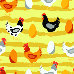 Chicken, rooster , eggs ,birds, animal vector seamless pattern on yellow background. Concept for wallpaper, wrapping paper , cards 
