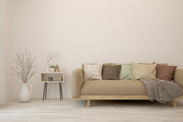 Modern living room in white color with sofa. Scandinavian interior design. 3D illustration
