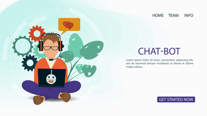 Banner For a Website or Mobile Apps Artificial Intelligence Concept a man sits with a laptop in headphones and conducts a chat Flat Vector Illustration