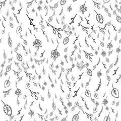 Seamless pattern with leaves and twigs. Doodle illustration, vector. Handmade work. Design for wrapping paper, background, web, packaging, fabrics.