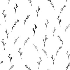 Obraz premium Seamless pattern with leaves and twigs. Doodle illustration, vector. Handmade work. Design for wrapping paper, background, web, packaging, fabrics.