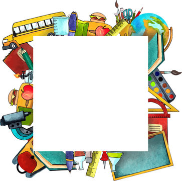 school frame, frame of school objects, digital clipart of school supplies, card, letter