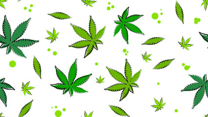 Green and white seamless texture with leaves of cannabis. Eco pattern ready to print in cartoon style