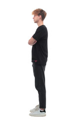 side view. a young man in a black t-shirt.