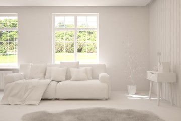 Mock up of stylish room in white color with sofa and green landscape in window. Scandinavian interior design. 3D illustration