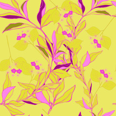 Fototapeta na wymiar Tree branches with pink leaves on a lemon yellow background. Seamless pattern with floral motifs. Vector illustration.