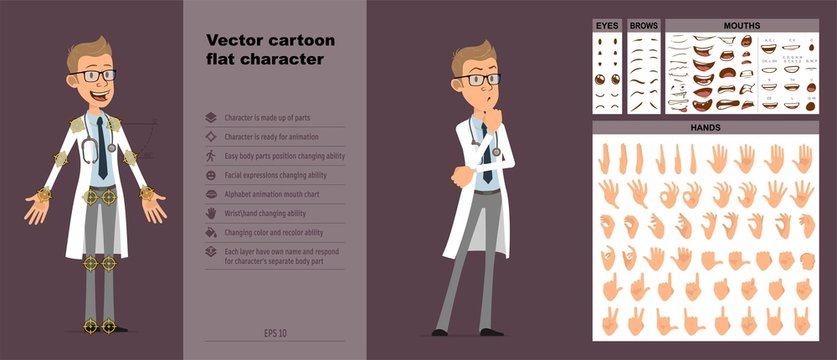 Cartoon funny cute doctor with stethoscope in white uniform. Ready for animations. Face expressions, eyes, brows, mouth and hands easy to edit. Isolated on violet background. Big vector icon set.