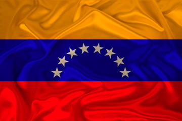 photo of the national flag of Venezuela on a luxurious texture of satin, silk with waves, folds and highlights, close-up, copy space, illustration