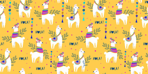 Lovely llamas, cute hipster pattern for children's cloth with lamas and crowns. Linear style, cartoon character llama birthday card, baby shower design. © Stilesta