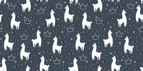 Lovely llamas, cute hipster pattern for children's cloth with lamas and crowns. Linear style, cartoon character llama birthday card, baby shower design Gray background. © Stilesta