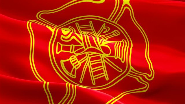 Fire fighter flag video waving in wind. Realistic EMERGENCY Fire SERVICE Flag background. Fire department Memorial Flag Looping Closeup 1080p Full HD 1920X1080 footage. Firefighter EMT Memorial law 