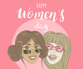 Happy Women's Day. Card with two cute girls
