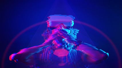 Woman is using virtual reality headset. Neon light studio portrait. Image with glitch effect.