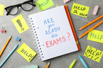 Inscriptions Are you ready for exams? and Help on grey background, top view