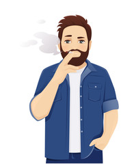 Handsome big man in casual clothes smoking cigarette. Isolated vector illustration