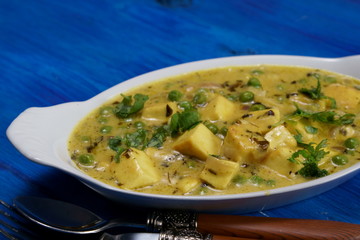 Creamy Paneer or Tofu with green peas in a creamy gravy