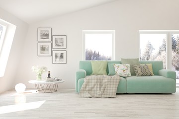 Modern living room in white color with sofa. Scandinavian interior design. 3D illustration