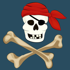 Skull of a pirate in a red scarf and a black blindfold. A cross of large bones on a blue background. Elements for a party of pirates.