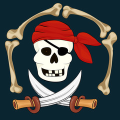 Large sharp daggers, a pirate skull in a red scarf, gnawed bones from the human skeleton. Theme concept of pirates, robbers, danger, threat. Elements for a party of pirates.