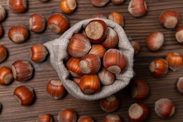 Hazelnuts in shells in a linen bag on a brown background with texture. Flat lay. 
