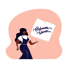 International Women Day.Feminism concept. African Dark Confident Girl with Poster.Eighth of March Congratulation.Woman Empowerment Motivation
