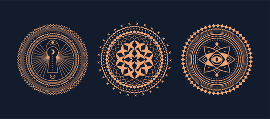 Circle geometric ornaments and mandala. Abstract occult and mystic signs. Geometric alchemy symbol with moon.