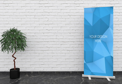 Roll Up Banner Mockup with White Brick Wall