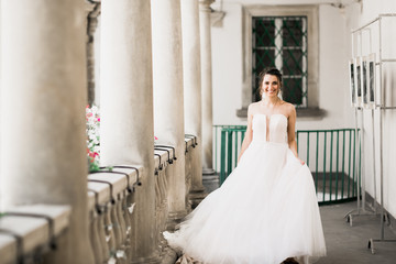 Naklejka premium Beauty portrait of bride wearing fashion wedding dress with feathers with luxury delight make-up and hairstyle
