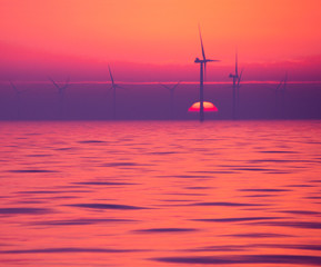 Sunset at North sea, wind park