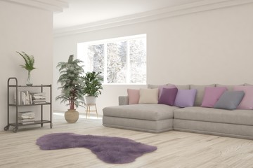 Modern living room in white color with sofa. Scandinavian interior design. 3D illustration