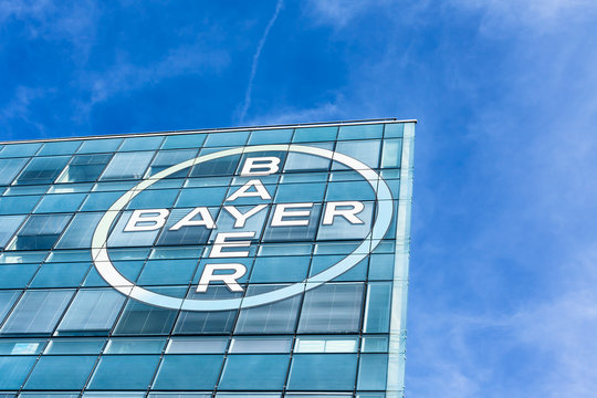 Bayer AG brand logo on its office building in Lyon