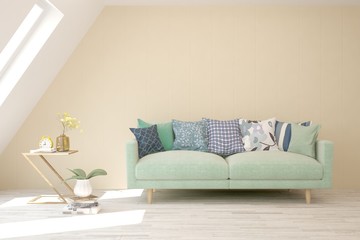 Modern living room in white color with sofa. Scandinavian interior design. 3D illustration