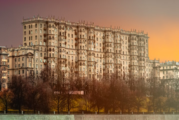 Residential building in the style of the late Stalin Empire on the embankment of the Moscow River....