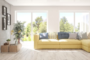 Minimalist living room in white color with sofa and summer landscape in window. Scandinavian interior design. 3D illustration