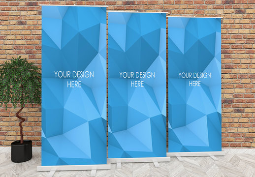 3 Roll Up Banners Mockups with Red Brick Wall