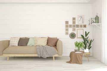 Modern living room in white color with sofa. Scandinavian interior design. 3D illustration