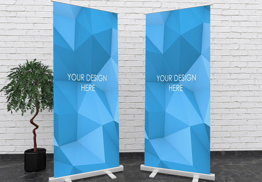 2 Roll Up Banners Mockups with White Brick Wall