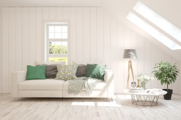 Modern living room in white color with sofa. Scandinavian interior design. 3D illustration